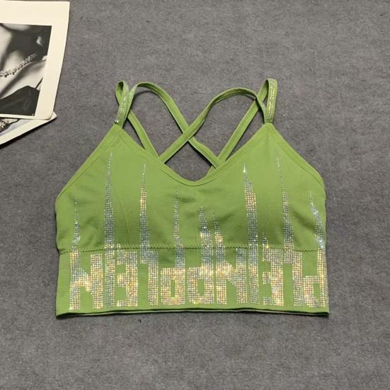 Women's Rhinestone Padded Sports Bra Seamless Cami Cropped Tank Top Crisscross Back Shiny Workout Bra