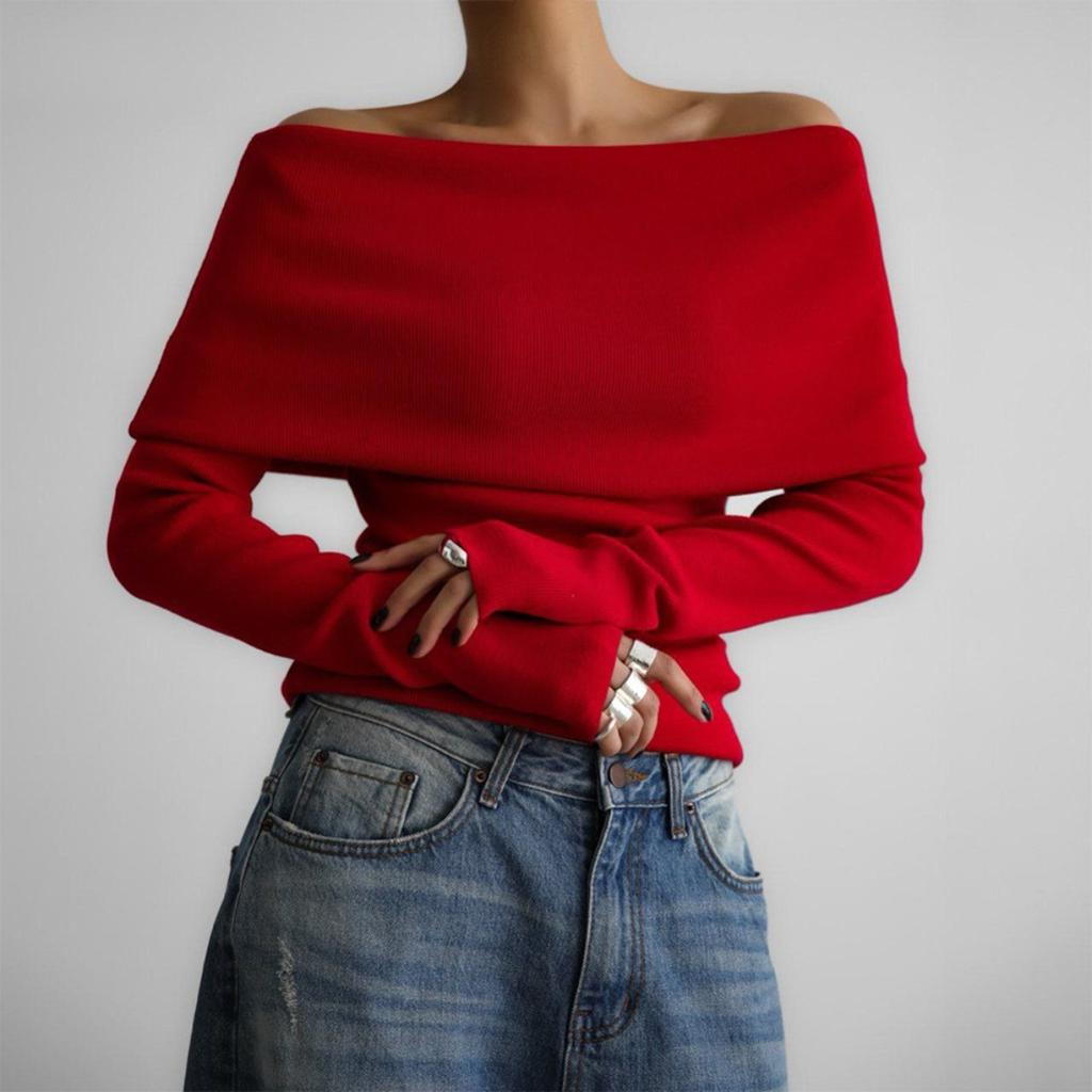2025 Autumn Winter Women's Sweater Long Sleeve Knitted Crop Top Off Shoulder Sexy Slim Fit Basic Pullover