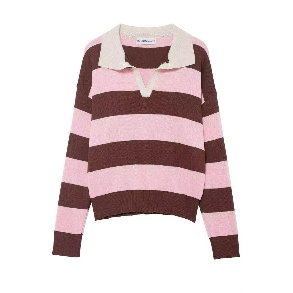 European-American Striped Color Block Polo Sweater 2026 - Retro Fashion Knitwear Top