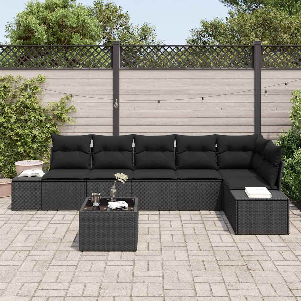 7 Piece Garden Sofa Set with Cushions Black Poly Rattan
