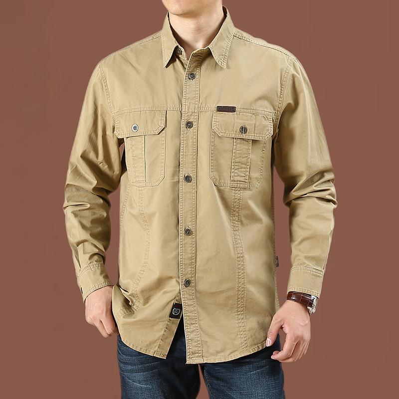Men's New Long-sleeved Shirt Loose Large-size Top Spring and Autumn Washing Sports Outdoor Pure Cotton Casual Work Shirt