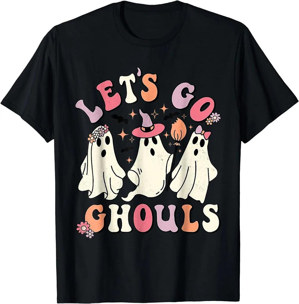 Let's Go Ghouls Halloween Ghost Outfit Kostým Retro Groovy Tričko pro Unisex ženy Ležérní Bavlněná denní košile pro ženy Trička