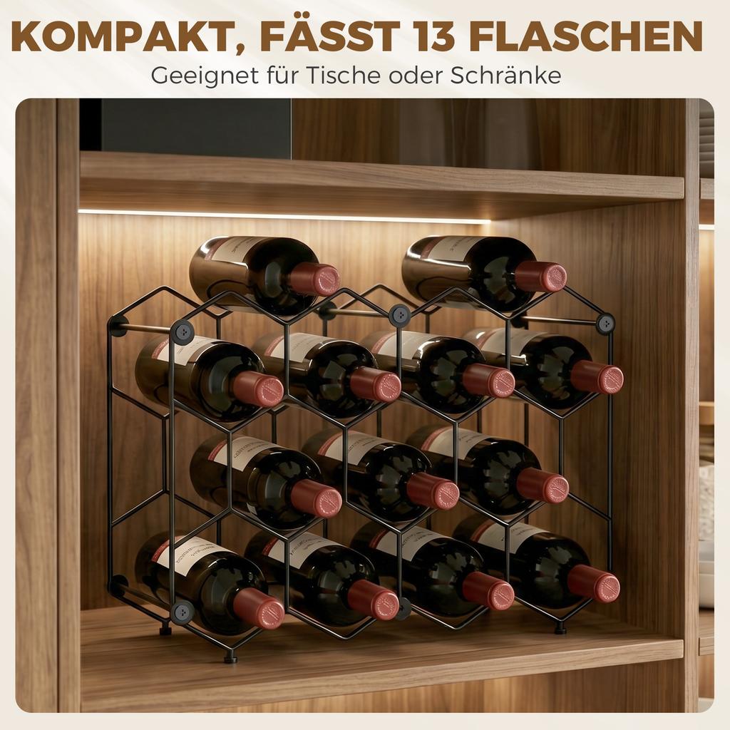 Wine Rack for 13 Bottles Bottle Rack with Honeycomb Design Adjustable Feet Anti-Tip Protection Metal 43 X 15.5 X 31 Cm Black