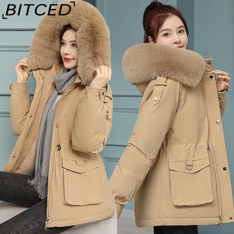 BITCED Women's Fleece-Lined Thickened Puffer Coat - Short Winter Style with Large Fur Collar, Slim-Fit and Flattering Cotton-Blend Outerwear