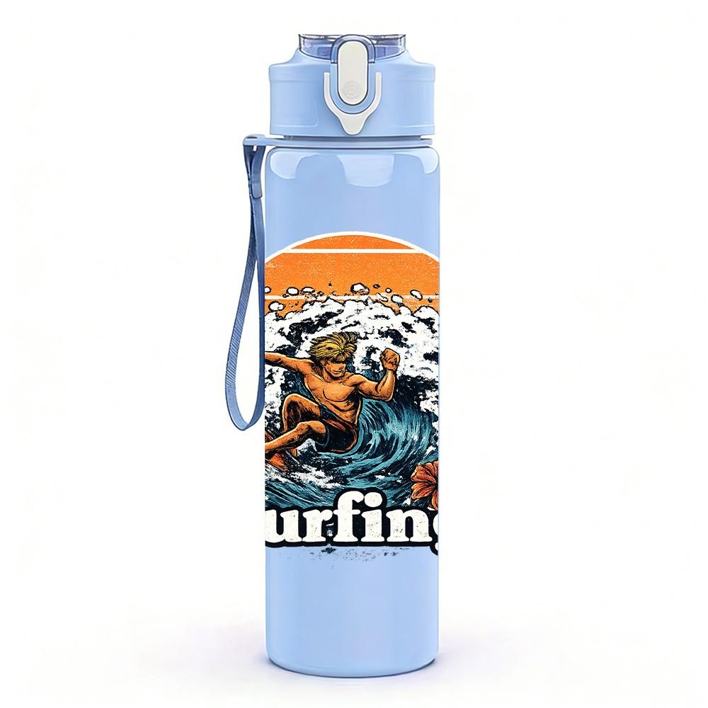1PC Surfing Man Ocean Wave Retro Print 750ml Color Plastic Sports Water Bottle Leakproof Flip Straw Lid Suitable for Sports Office Home Use