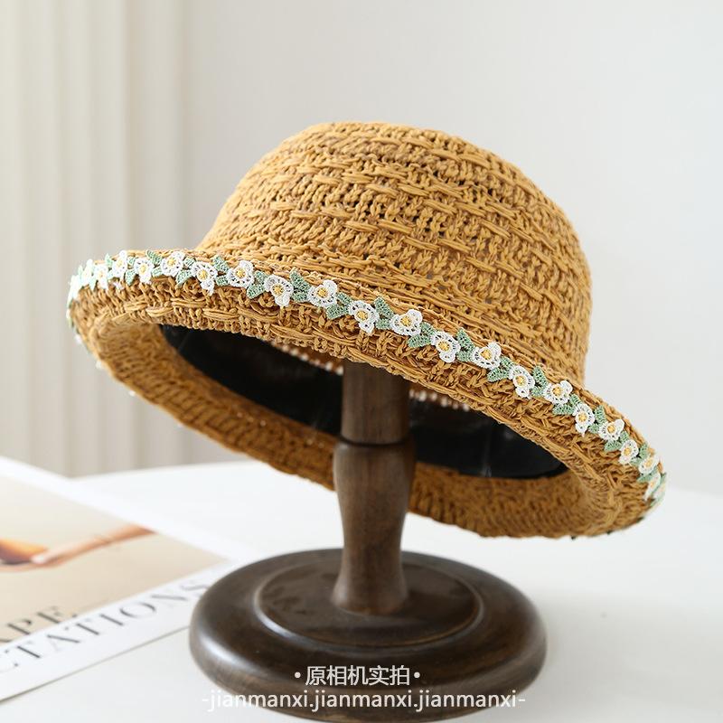 Summer Knitted Brim Bucket Hat Lace Hat Women Breathable Mesh Beach Straw Sun Hat Outdoor Wide Brim Visor Cap