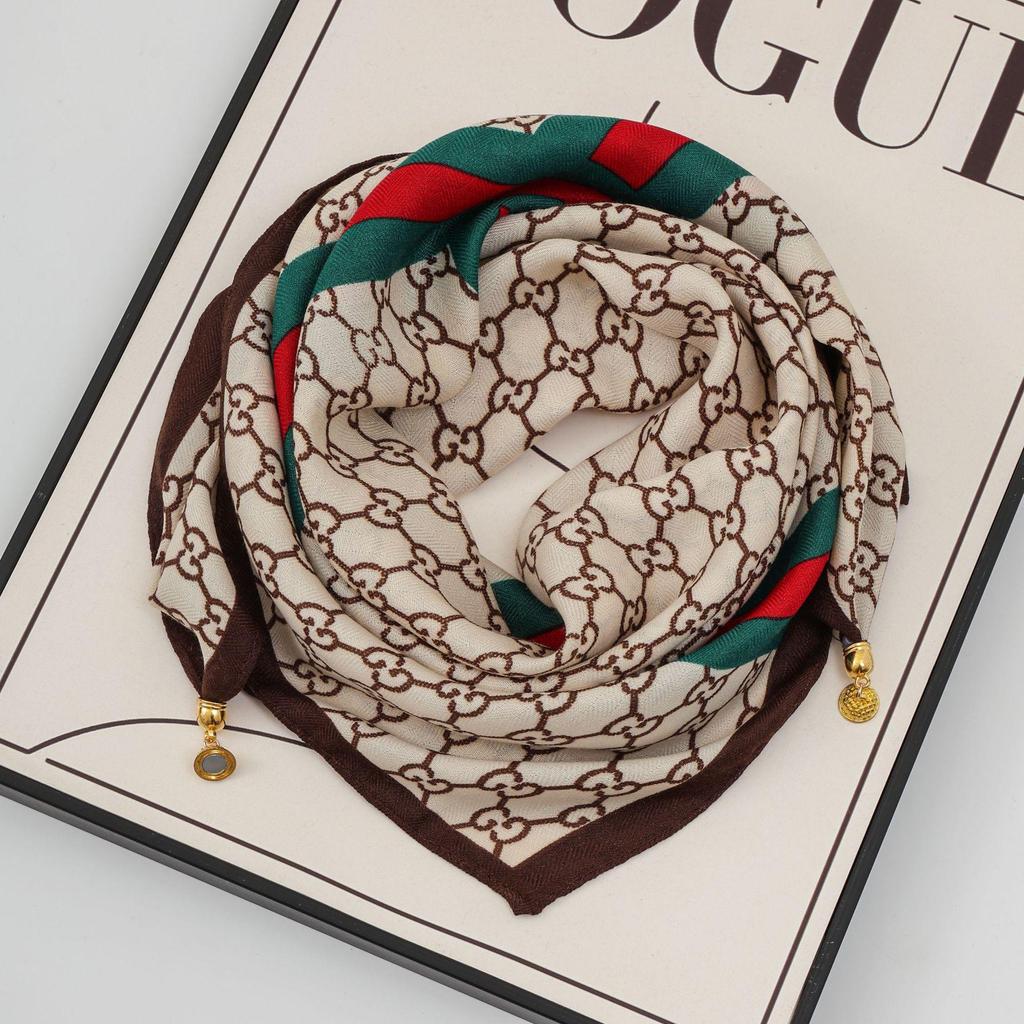 Women's 65" Silk Square Scarf with Magnetic Buckle – Autumn/Winter Print, Fashionable & Versatile Triangle Snood