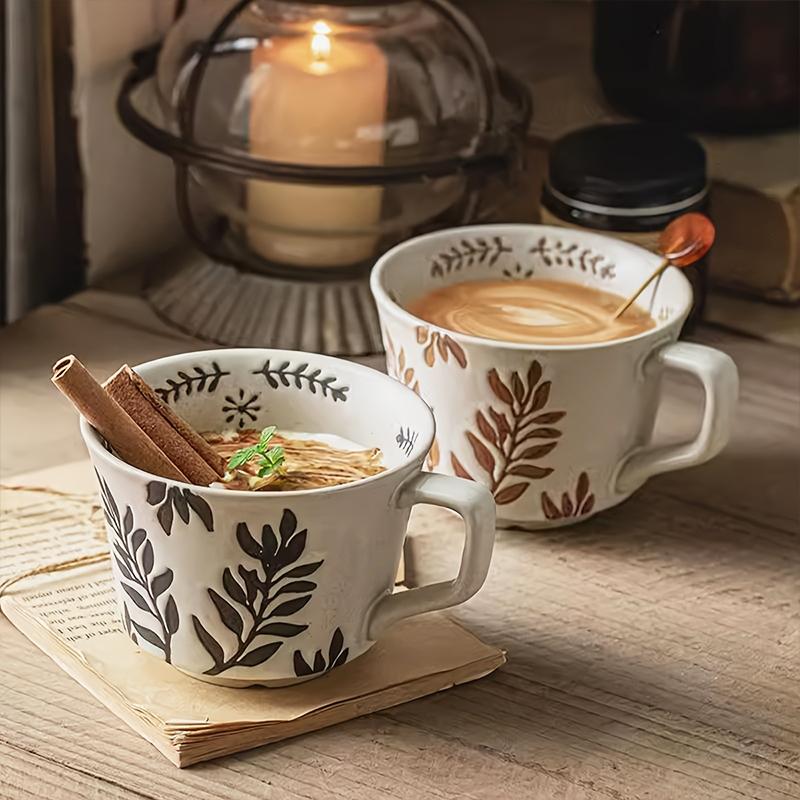 1PC Stoneware Mugs Vintage With Handles Office Coarse Pottery Cafe Plant Carving Nordic Ceramic Coffee Mug Fruit Tea Household