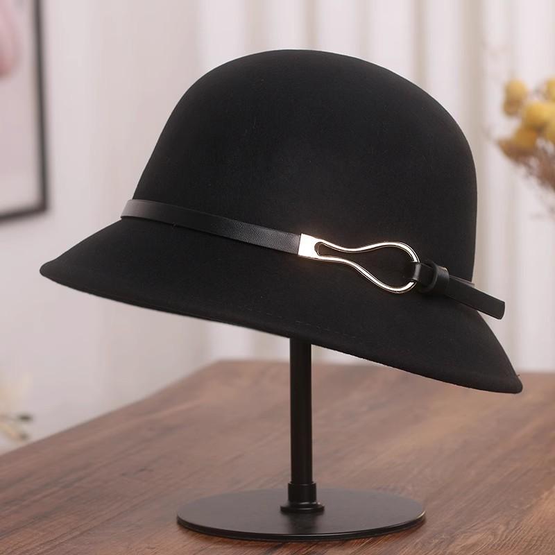 Hat female autumn and winter small edge belt buckle woolen bucket hat French retro top hat Hepburn style washbasin hat