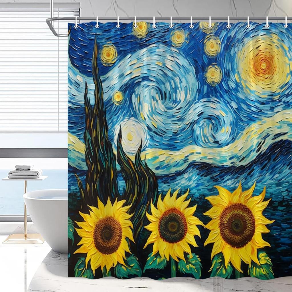 Starry Sunflower Shower Curtain Vintage Oil Painting Style Yellow Flower Scenery Bathroom Decoration Polyester Waterproof with