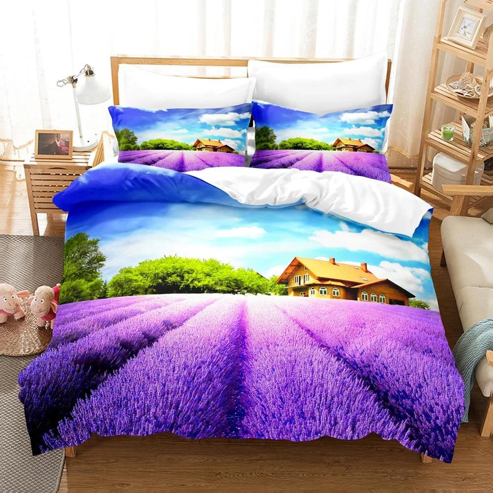 Lavender Beding Soft Duvet Cover +pilowcases Pastoral Vilage Purple/ Field Warm Comforter Cover Sets 2/3 Pcs Microfiber Bed Linen Set King