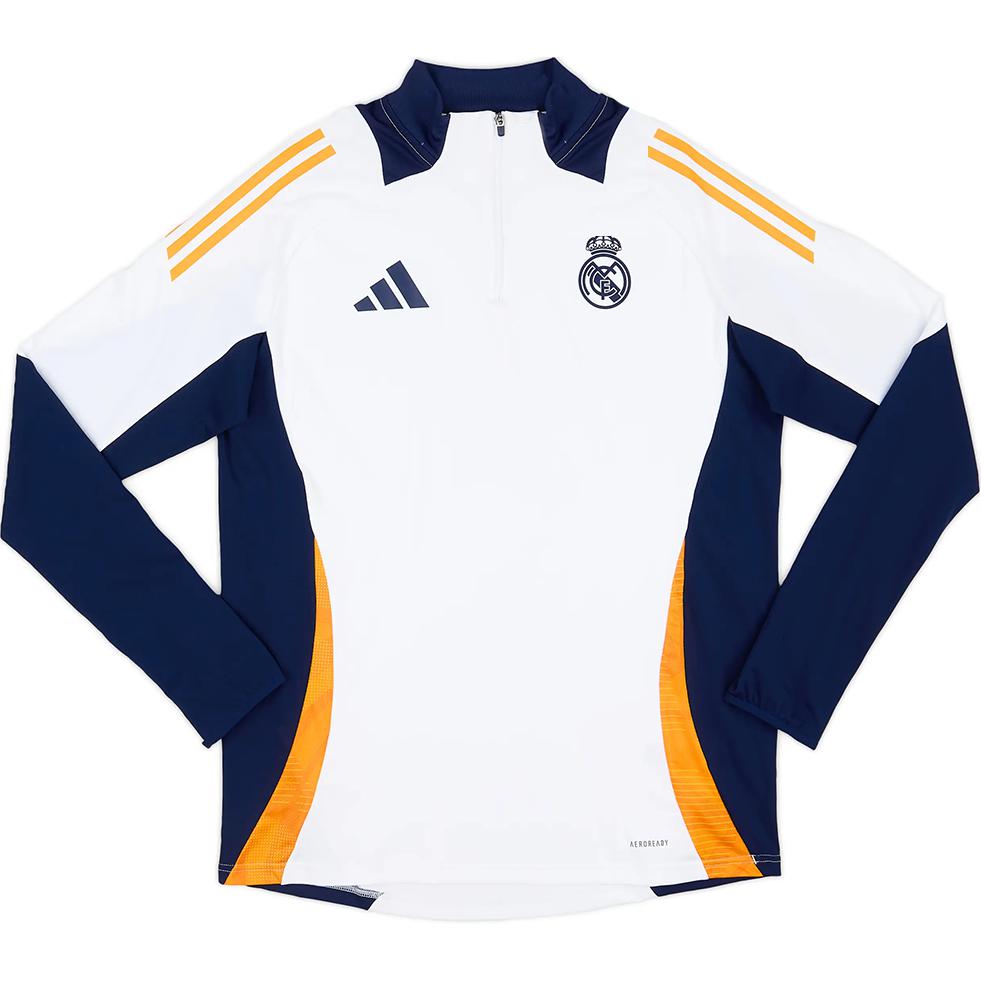 Adidas Real Madrid 2024-25 1/4 Zip Stand Collar Fashion Casual Sports Football Shirt Unisex Tops White IT5119