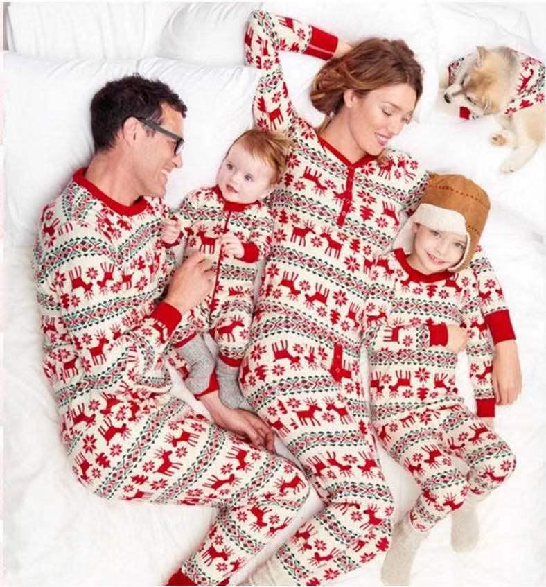 European & American Christmas Family Pajama Set - Print Top, Long Sleeve, Long Pants