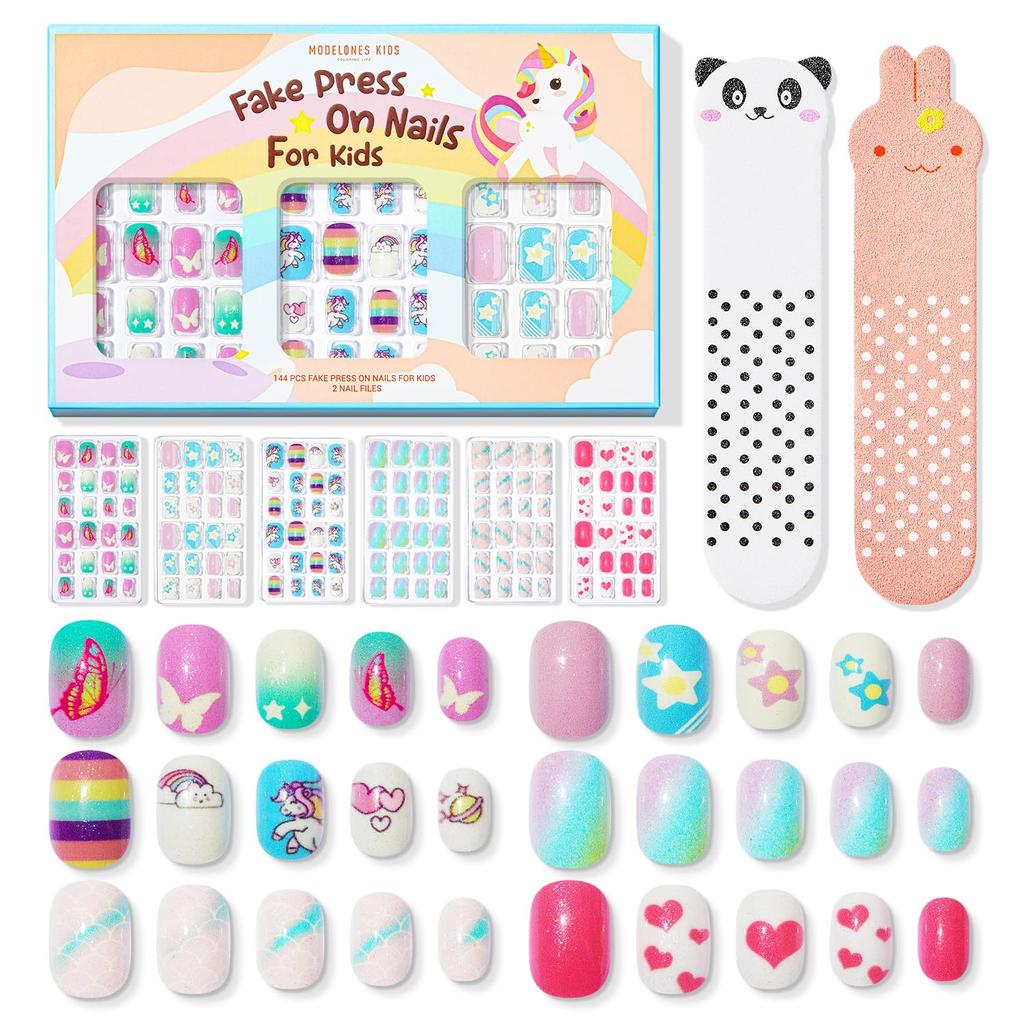 MODELONES Kids Nail Tips Nail Stickers 144 Pieces 6 Pack Set Nail Polish Makeup Set Kids Nail Color Gel False Nails Stickers Hand Magic Press Kids