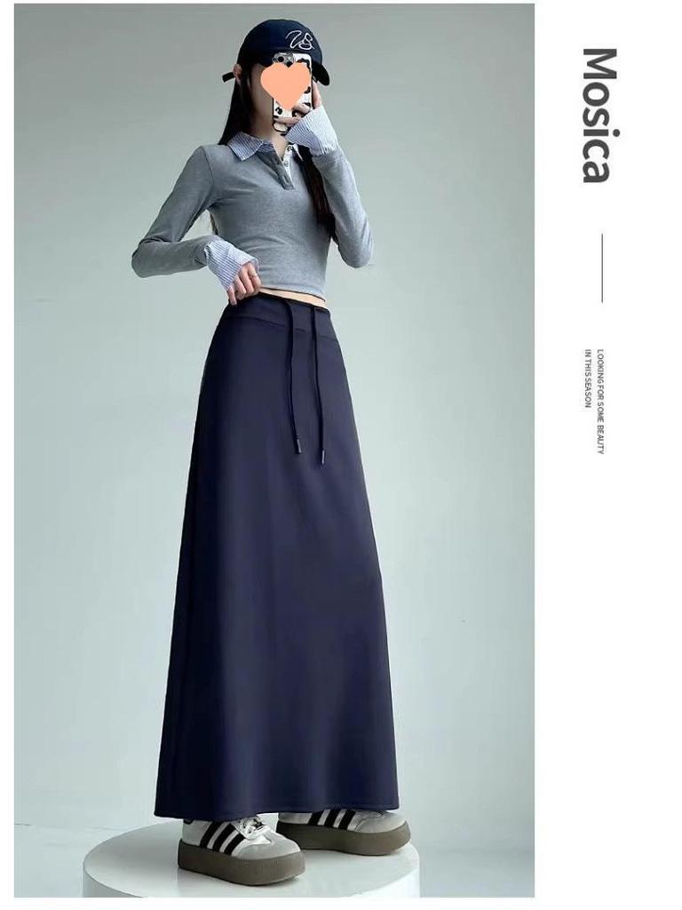 Women's Gray High Waist Slit Midi Skirt - Autumn A-line Draping Sweatshirt Style