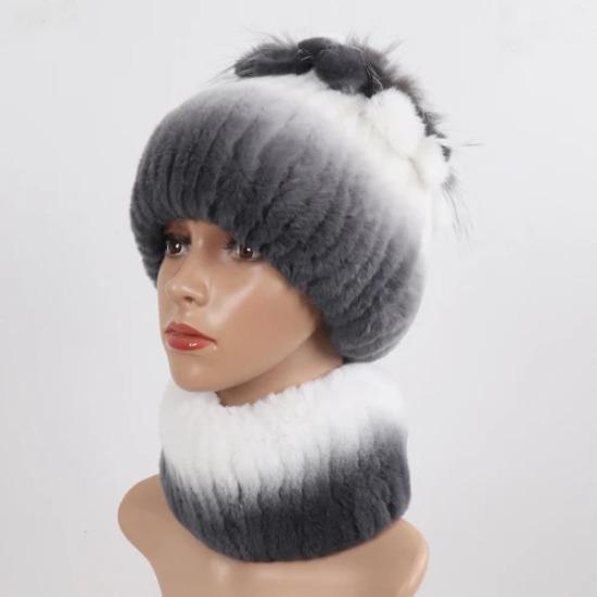 Knitted Women Warm Rex Rabbit Fur Hat Scarf Sets Winter Natural Rex Rabbit Fur Cap Scarves Russia Lady Fur Hats Muffler 2 Pieces