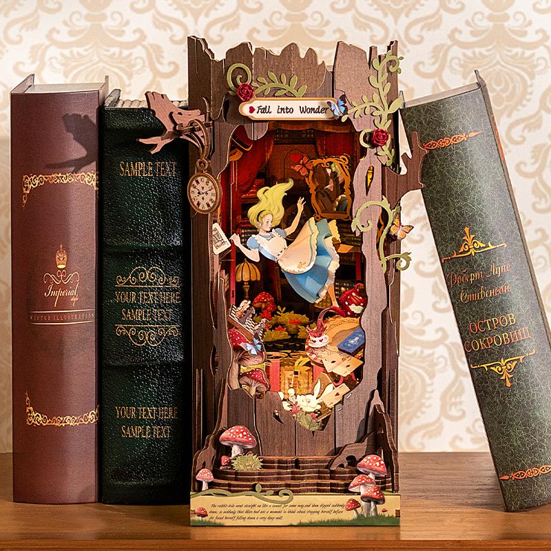 Robotime Rolife Book Nook Kits Fall into Wonder DIY Booknook with Lights Miniature House Kit Puzzle Bookend Bookshelf Decor Gift