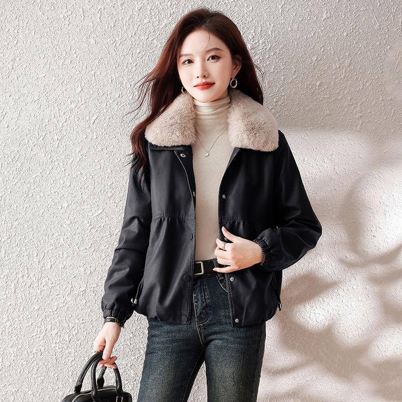 

Женская флисовая кожаная куртка, новая зимняя мода, повседневная, свободная и тонкая, короткая кожаная куртка с лацканами, топ 2XL чёрный