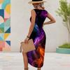 Women Plus Size U Neck Sleeveless Rainbow Printed Dress High Side Slit Curved Hem