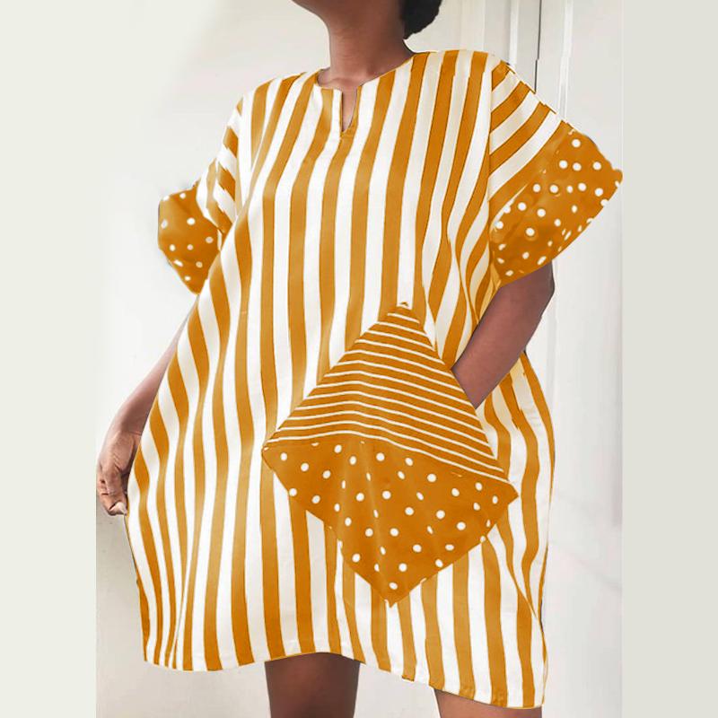 Women Plus Size Round Neck Striped Print Short Sleeve Dresses