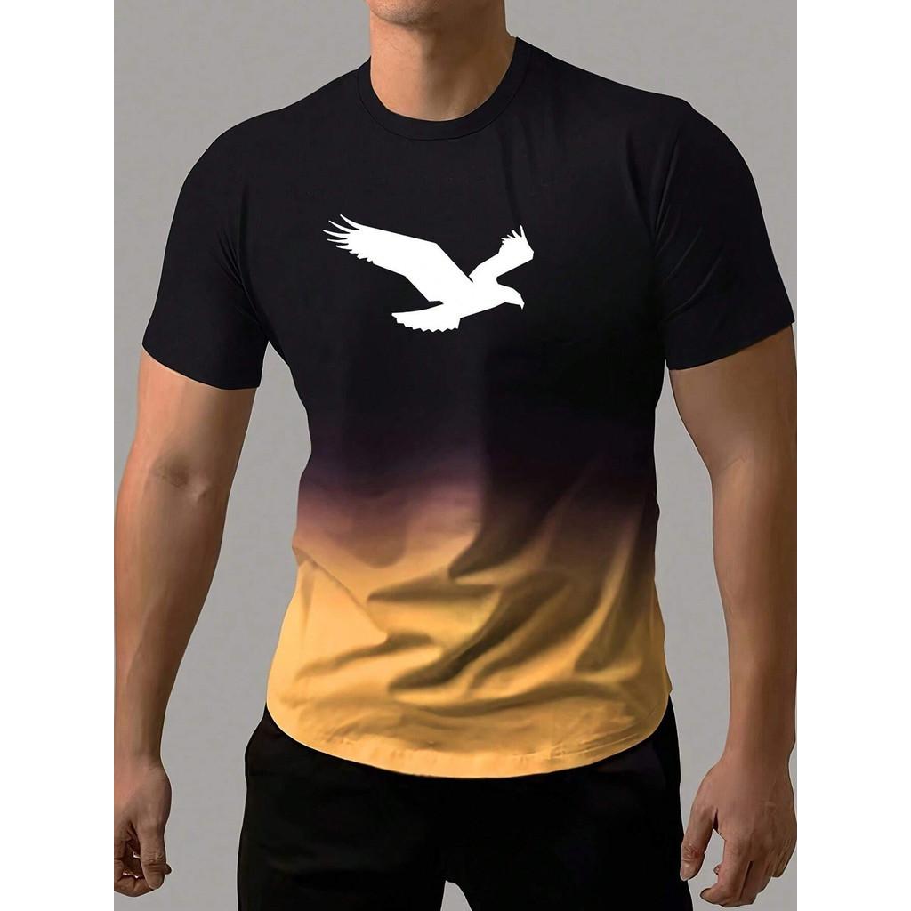 3D printed new men's fashionable casual simple short sleeved T-shirt, comfortable and breathable gradient printed short sleeved shirt