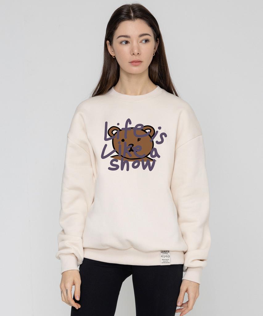 GRAVER [Unisex] Big Drawing Letter Bear Sweatshirt_Cream/Purple Logo