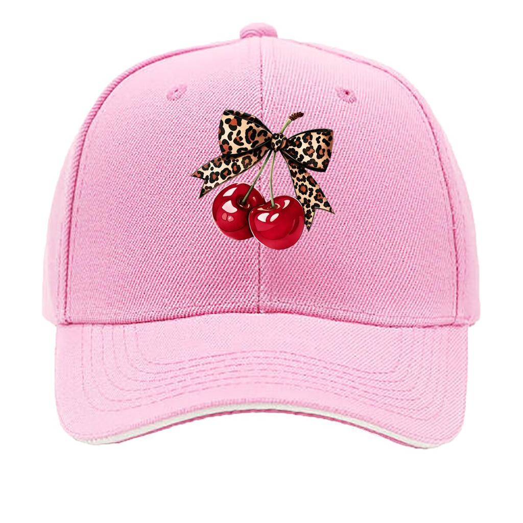 Leopard Print Bow Red Cherry Graphic Design Sandwich Baseball Cap Unisex Women Sun Cap Outdoor Workouts Hat