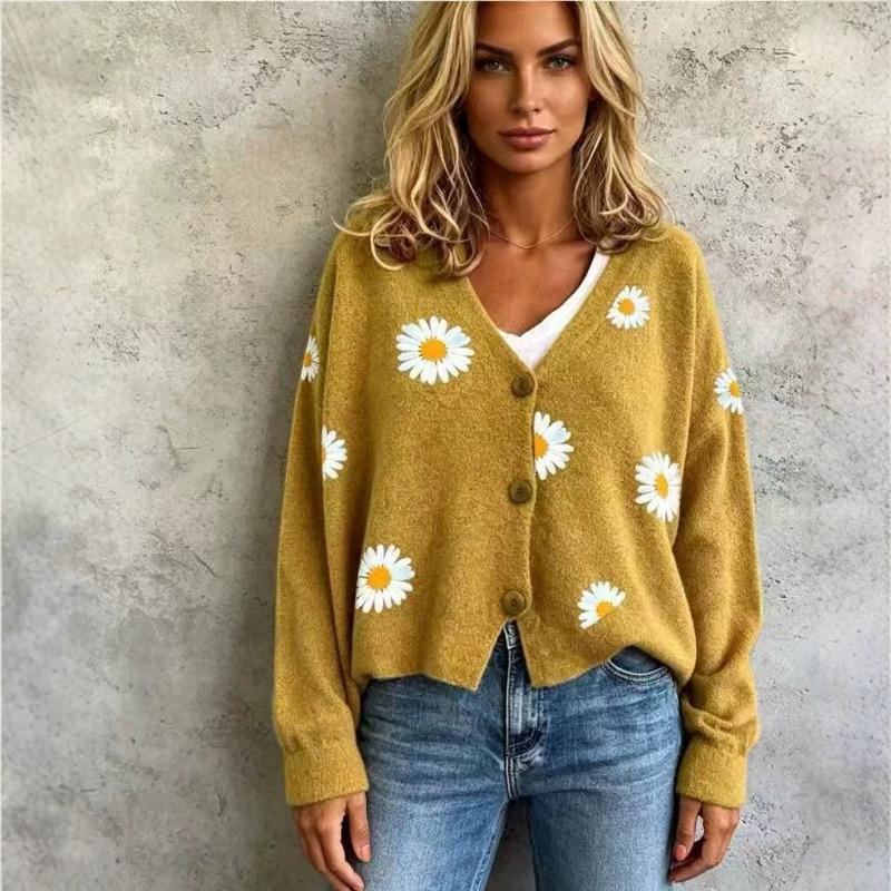 Cardigan Maglione da Donna S con Scollo a V e Manica Lunga a Maglia con Motivo Floreale