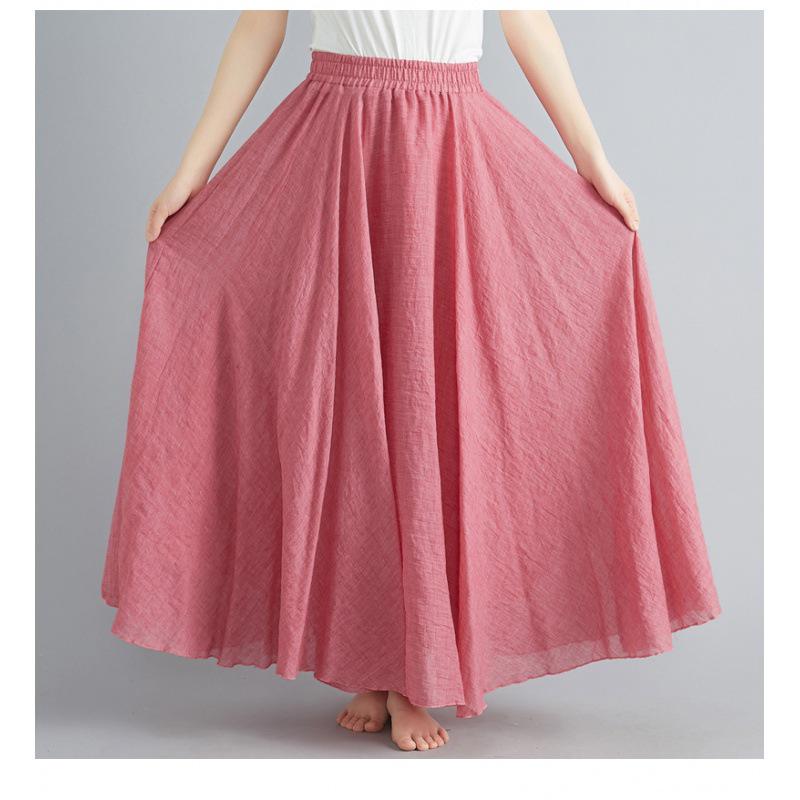 Mori Girl Plus Size Cotton Linen Midi Skirt - Elastic Waist, A-line, Solid Color, Ethnic Style, Long Length