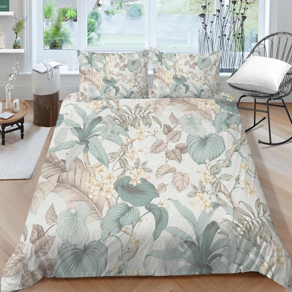 Rodinné povlečení Jednolůžko Jednolůžko v plné velikosti Rostlinný tisk Série Povlečení Vzor listů Povlak na polštář a povlak na přikrývku Pratelná domácí dekorace