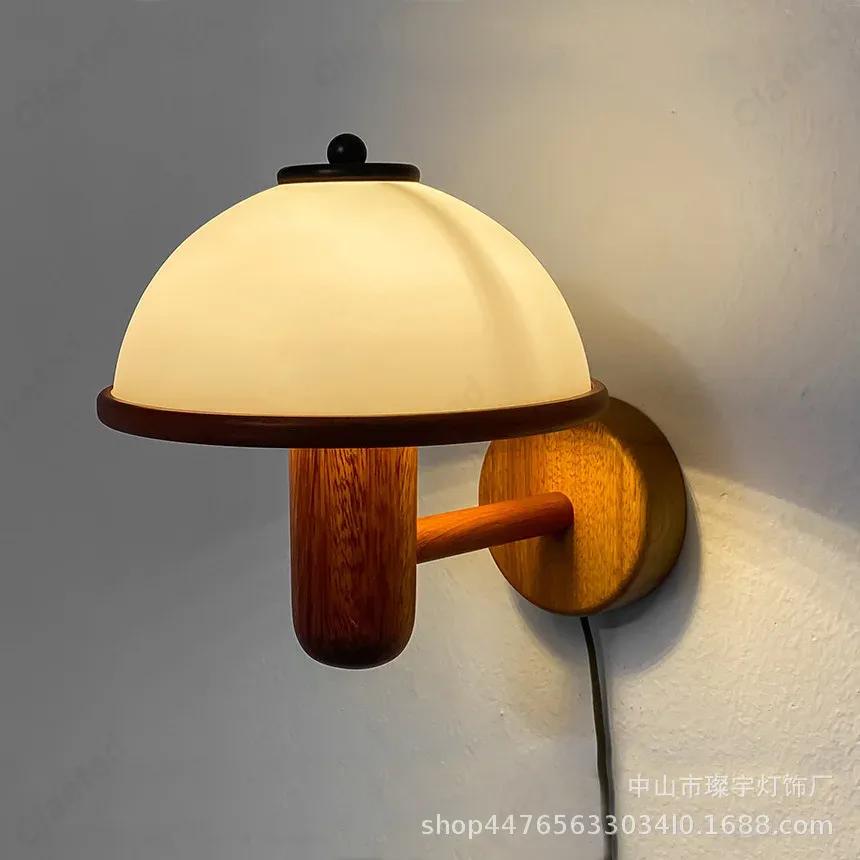 

Classic Retro Style Mushroom Wall Lamp Nostalgic Walnut Wood Living Room Bedroom Bedside Hallway Living Room Decorative Light Wiring style
