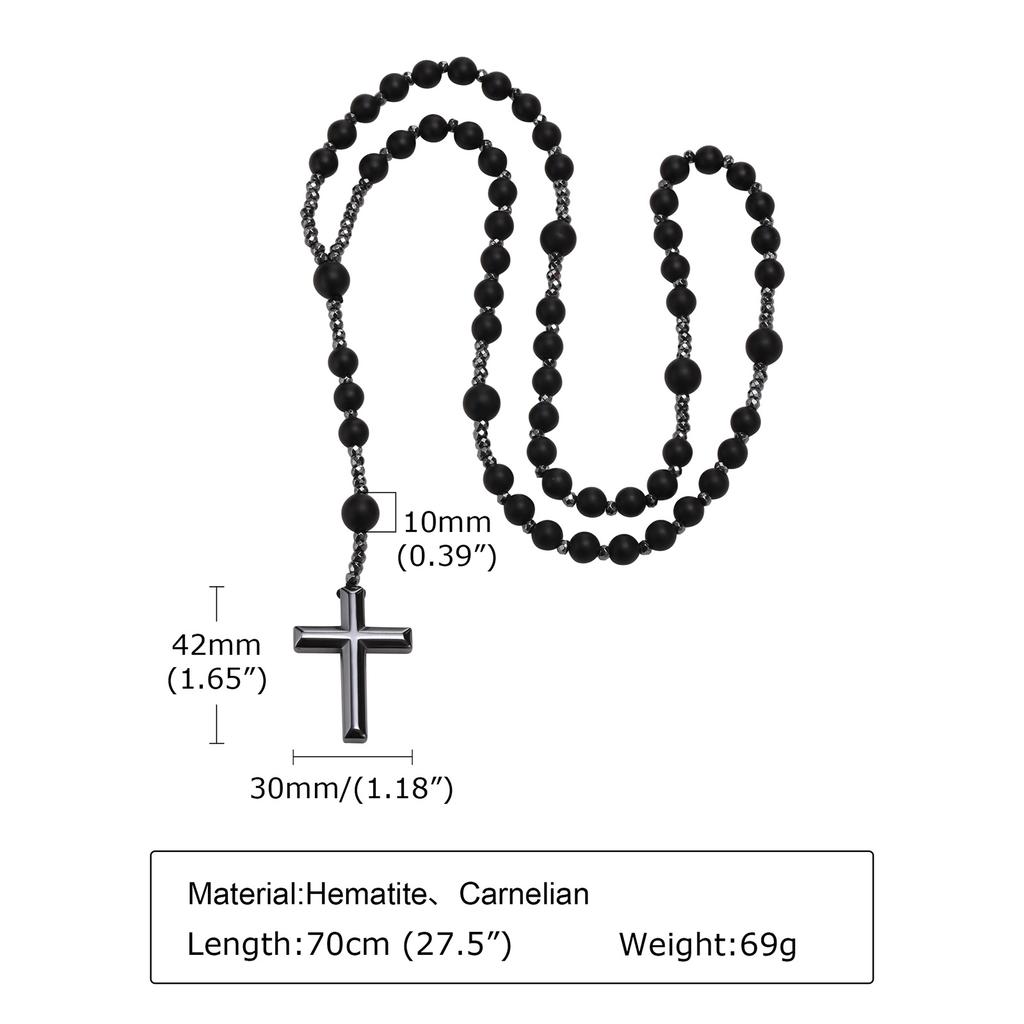 Mprainbow Mens Cross Rosary Necklaces, Hematite Pendant with 70cm Black Beaded Long Chain, Religious Faith Prayer Jewelry
