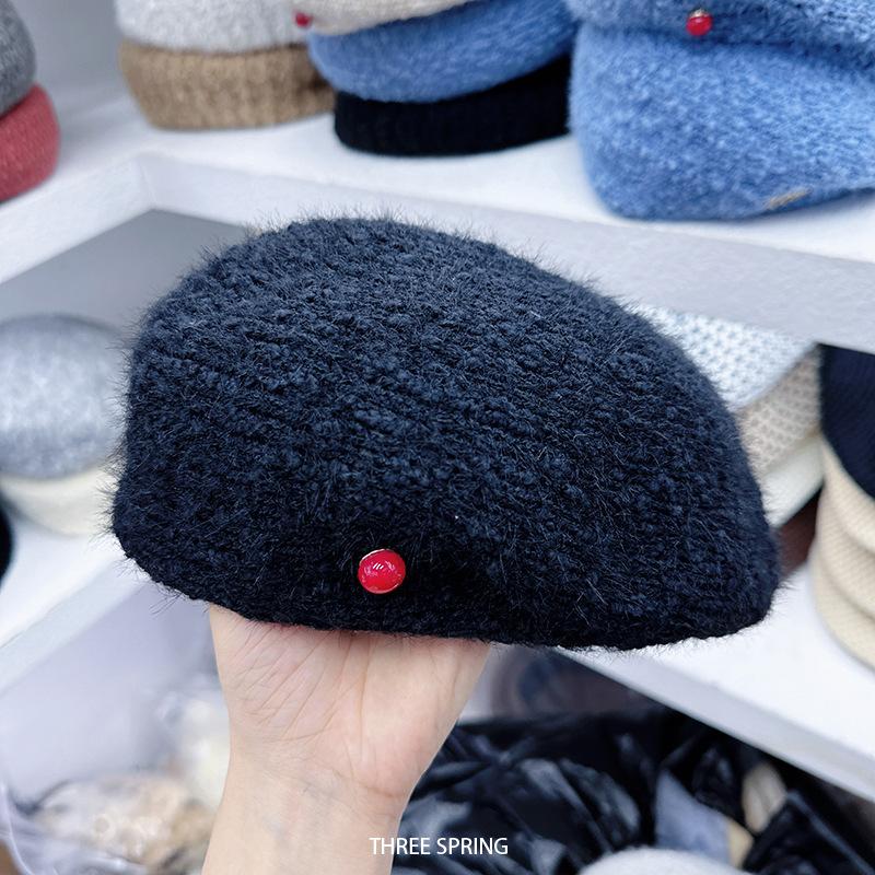 Autumn Winter New Korean Solid Color Retro Knitted Beret Women'S Daily Wear Commuting Travel Personality All-Match Painter Hat