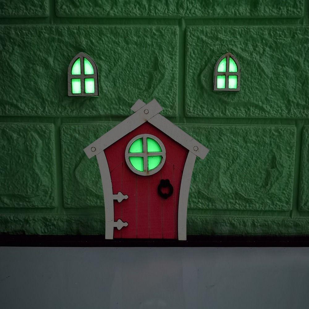 Cute Wooden House Miniatures Cartoon Fairy Door Ornaments Fluorescent Elf Door Decor Gifts