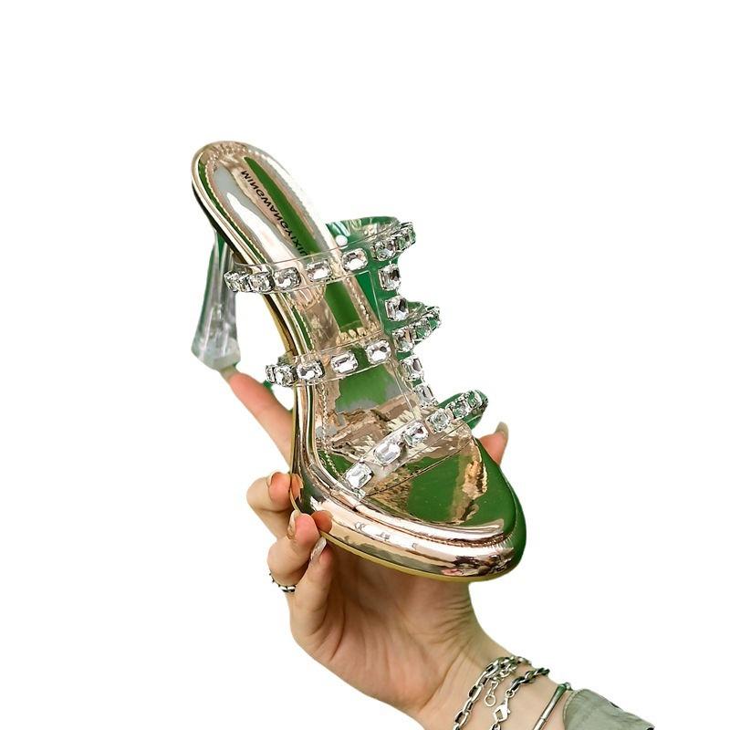 2024 Sommer Transparente Kristallferse Hausschuhe Sexy Runde Zehe High Heel Plateau Hausschuhe Strass Peep Toe Party Slides