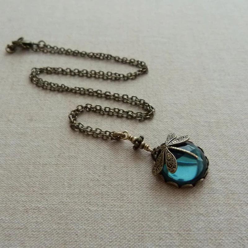1Pcs Carving Blue Stone Accessories Vintage Bronze Color Dragonfly Women Necklaces And Pendants