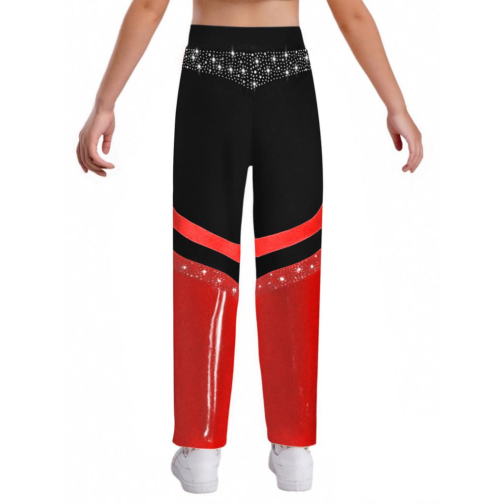 Dívčí gymnastický akrobatický taneční kostým Lesklé kamínky Zvonové kalhoty Elastický pas Barevný blok Kalhoty se zvonovými nohavicemi