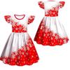 Kids Girls Cartoon Santa Claus Christmas Tree Snowflake Print Ruffle Sleevess New Year Dress