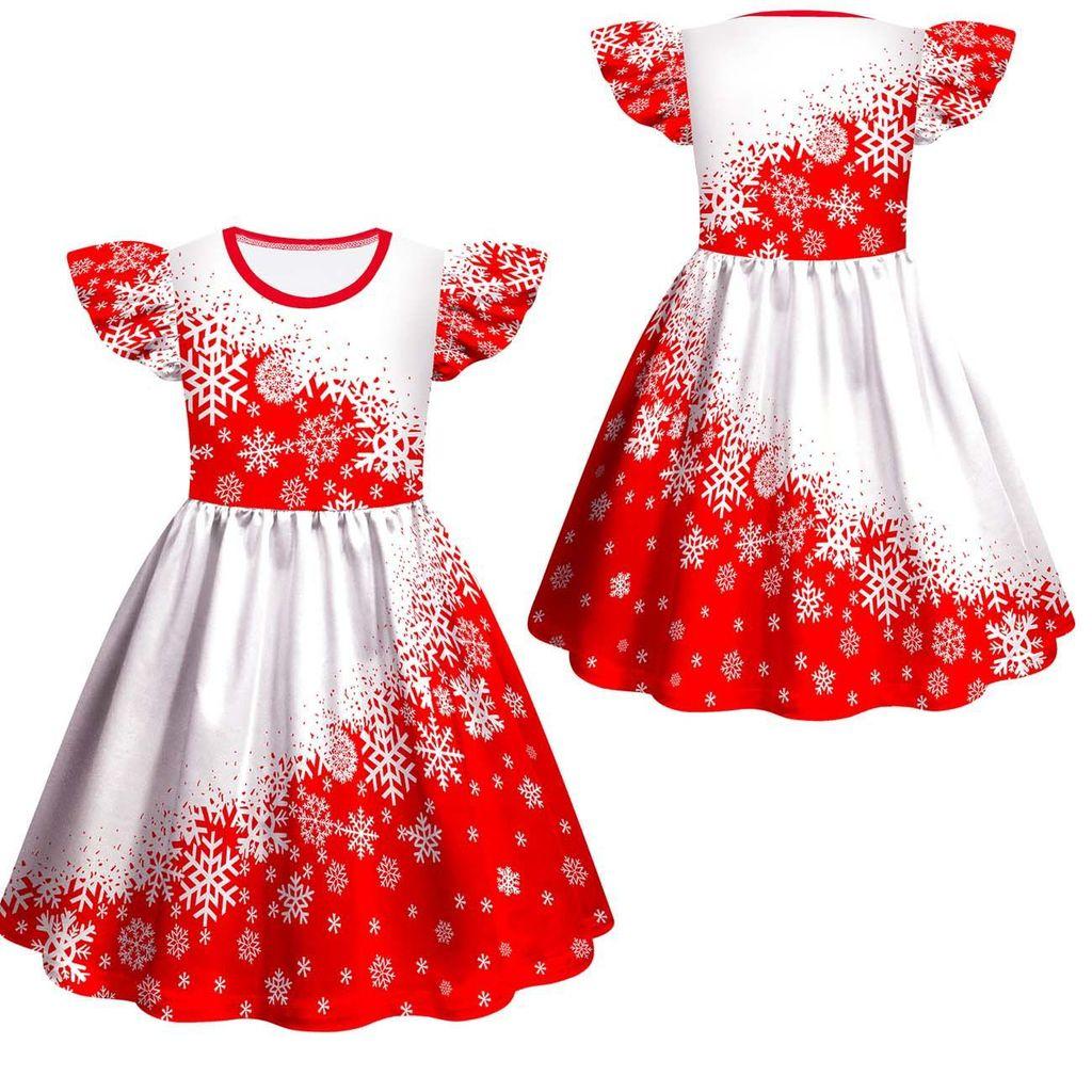 Kids Girls Cartoon Santa Claus Christmas Tree Snowflake Print Ruffle Sleevess New Year Dress