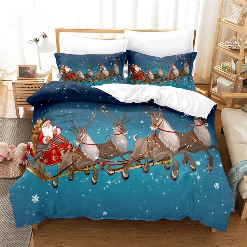 Weihnachts-Bettbezug-Set mit Weihnachtsmann-Motiv, Weihnachtsschlitten-Bettwäsche-Set, weich, bequem, atmungsaktiv, Bettbezug für Schlafzimmer und Gästezimmer