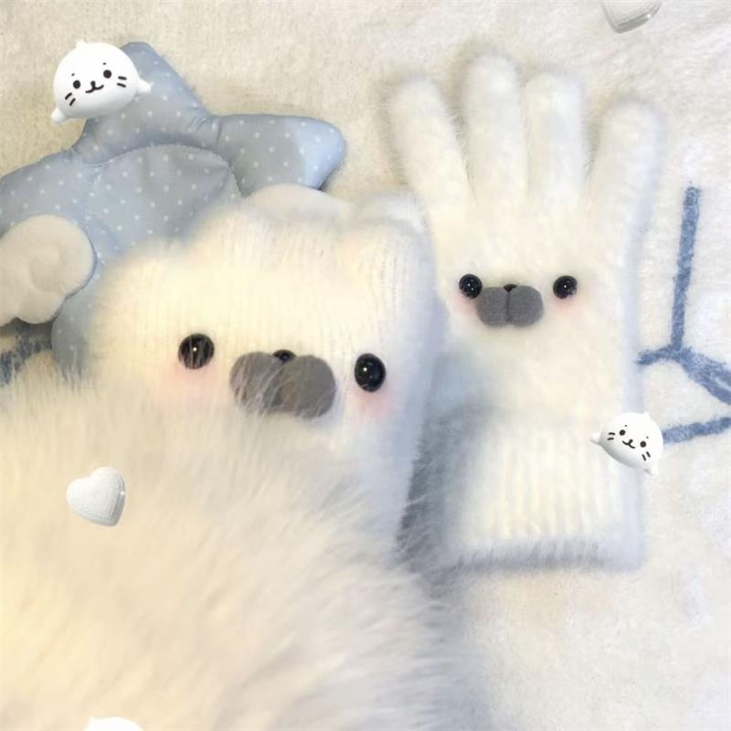 Niedlicher Babyrobben-Schal Schneemann Plüschhandschuhe Winter Warm Kälteabweisende Handschuhe Fünffinger-Mode Trendige Handschuhe Mädchenhafte Weihnachtsgeschenke