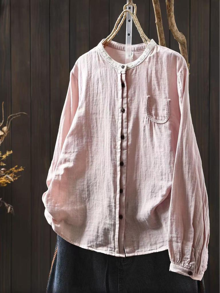 Autumn Cotton Lace Stand Collar Artistic Patchwork Age-Reducing Shirt