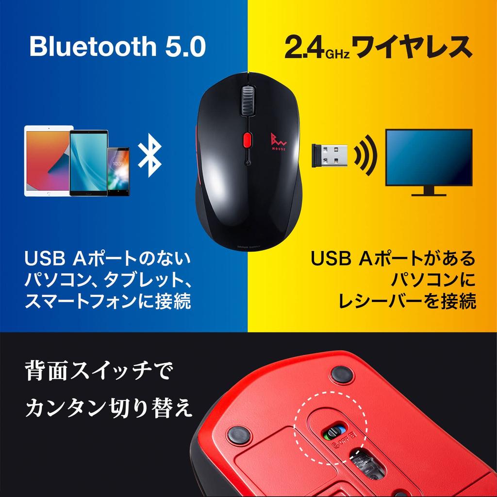 Sanwa Supply Mouse Combo Wireless Silent Blue 5 Buttons Medium Black x (Bluetooth + 2.4GHz Compatible), Buttons, LED, (Back/Forward Buttons), Size,
