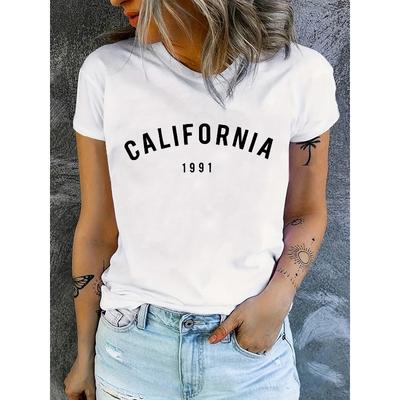 European Size California 1991 Print Crew Neck T-Shirt, Casual Short Sleeve T-Shirt For Spring & Summer, Women's Clothing