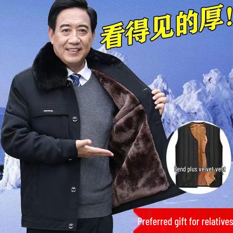 Men's Winter Coat for Seniors - Thickened Cotton Padded Jacket with Buttons for Ages 70-80