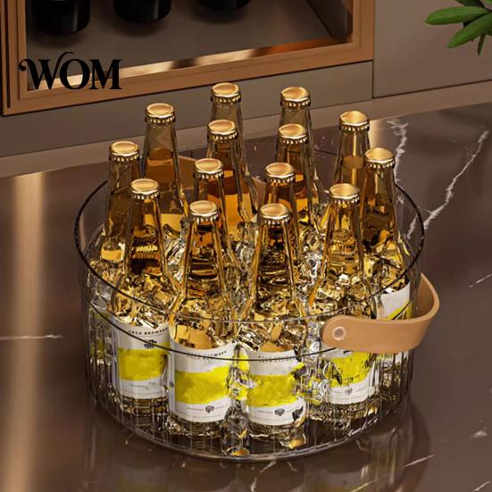 Multi-purpose Storage Basket Ice Bucket with Faux Leather Handle, Thickened Plastic Beer Wine Cooler Handle for Party, Clear Beverage Container