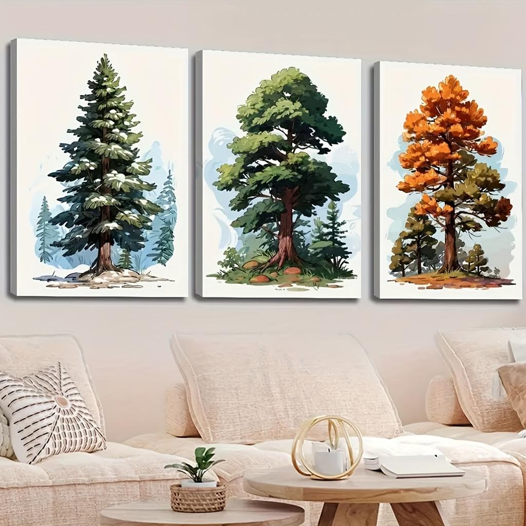 3-teiliges Leinwand-Wandkunst-Set - Aquarell-Kiefer & Herbstlaub-Poster, Rahmenloses Naturlandschaftsdekor für Zuhause, Wohnzimmer,