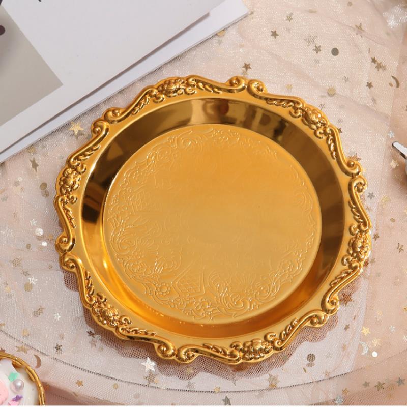 1 STÜCK Silber Goldener Eisen Tablett Glänzende Platte für Dekoration Ornamente Buffet Obst Kuchen Partyzubehör Dessert Diverses Aufbewahrung