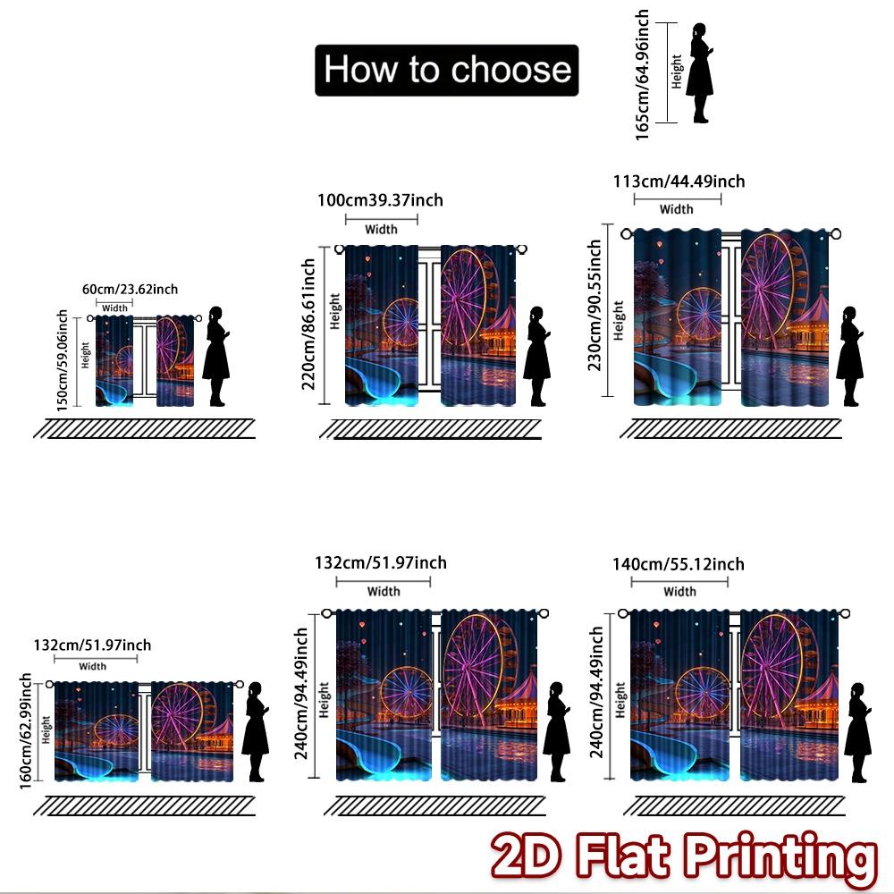 2D flat printing 2pcs Curtain Amusement park night Ferris wheel Digital Printed Polyester Drapes Family Party for All Occasions