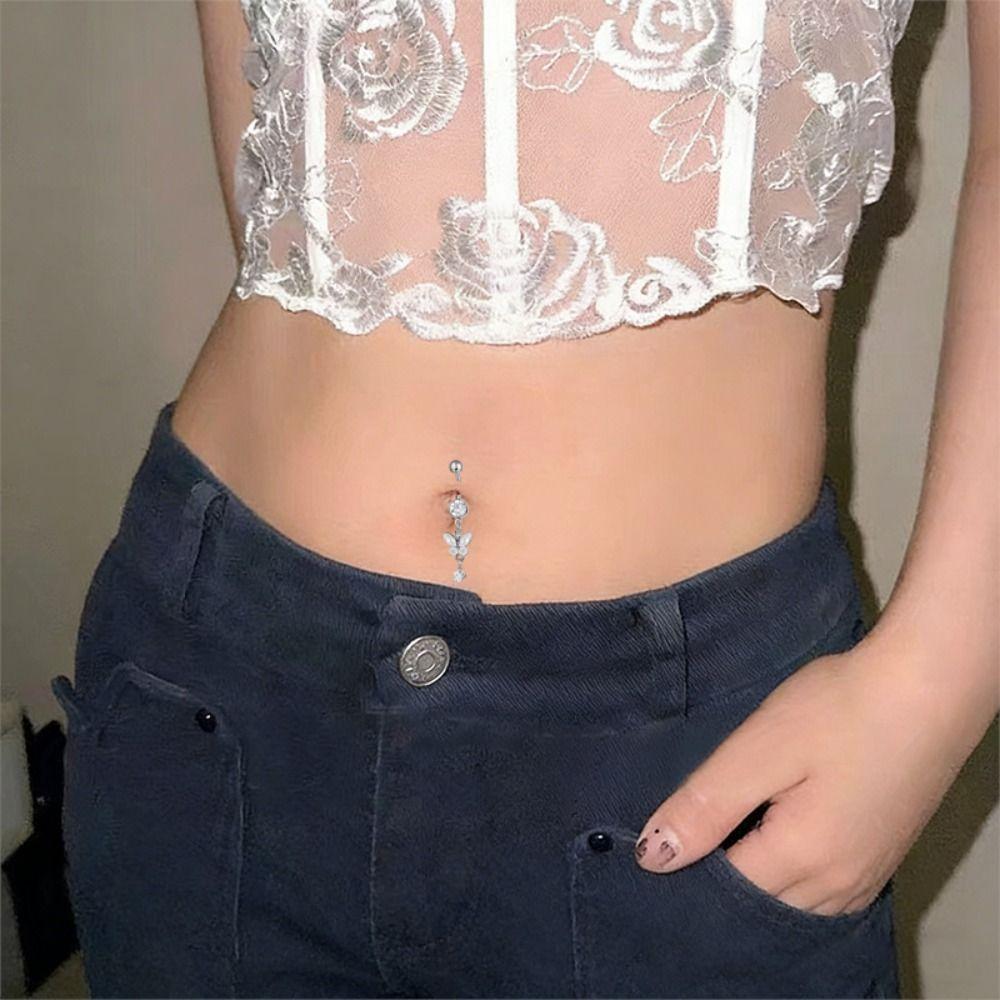 Rhinestone Zircon Navel Ring Stainless Steel Body Piercing Jewelry Girl